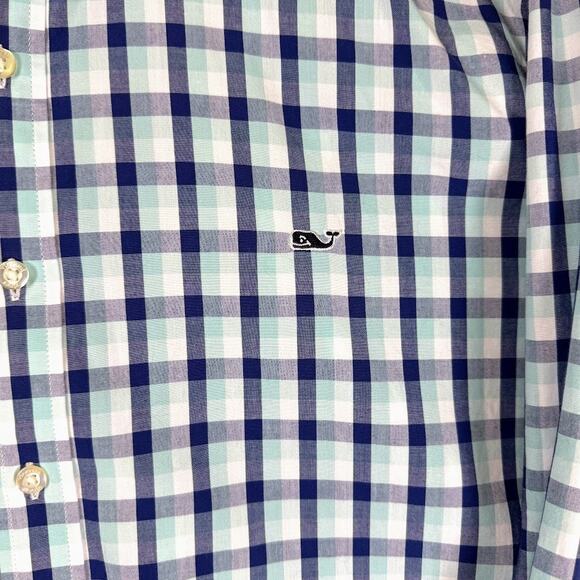 Vineyard Vines Slim Fit Whale Button Down Shirt Navy Teal Check Men's XL - Picture 2 of 10